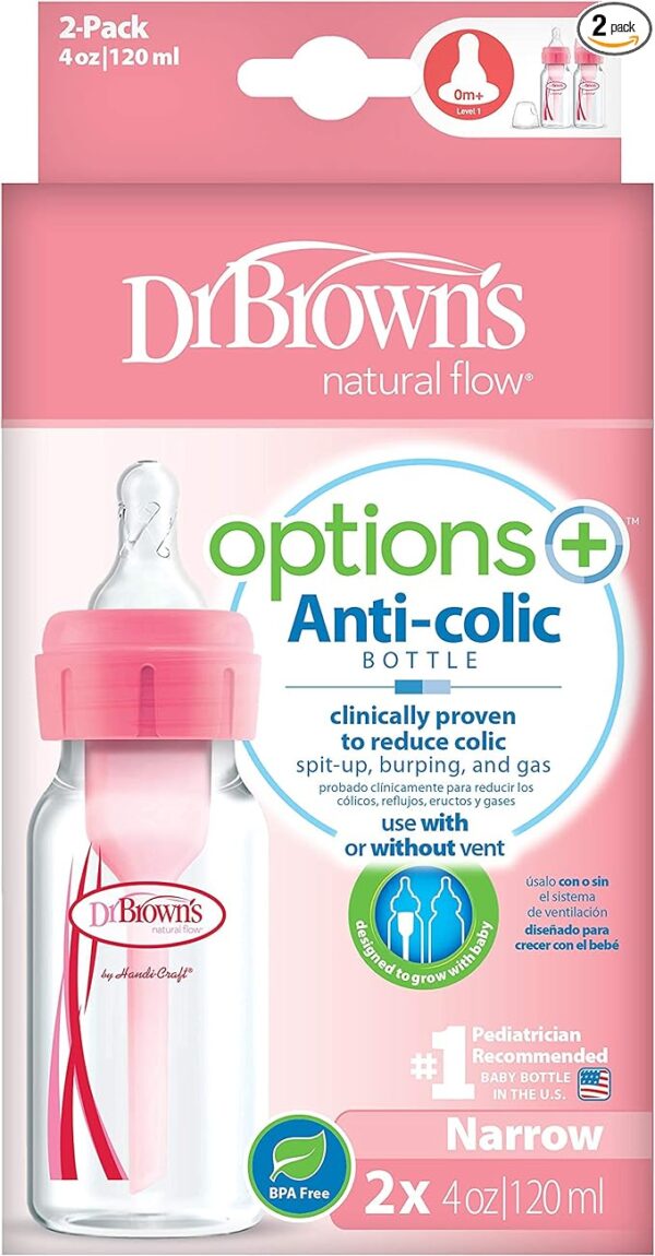 Dr. Brown’s Natural Flow Anti-Colic Options+ Narrow Baby Bottle, 4oz/120ml, with Level 1 Slow Flow Teat, 2-Pack, Pink