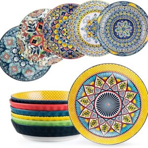 HENXFEN LEAD Pasta Bowl Porcelain, Salad Bowl 950ml, Dessert Bowl Cereal Bowl for Fruit Salad, Pasta, Cereal, etc. Colourful, Pack of 6 - Bohemian Style