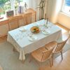 IBEQUEM Cotton Linen Table Cloth, Stain Resistant Rectangular Beige Table Cover with Tassel, Decorative Embroidered Leaves Rounded Tablecloth for Kitchen, Dinner, Picnic (140 x 200 cm)