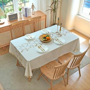 IBEQUEM Cotton Linen Table Cloth, Stain Resistant Rectangular Beige Table Cover with Tassel, Decorative Embroidered Leaves Rounded Tablecloth for Kitchen, Dinner, Picnic (140 x 200 cm)