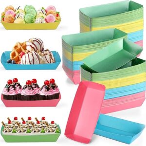 FoldTier 100 Pack 8oz Paper Banana Split Boats Durable Paper Food Boat Trays Disposable Ice Cream Sundae Dishware Bowl Colorful Paper Boats Plate for Party Serving Snack Candy Salad(Classic)
