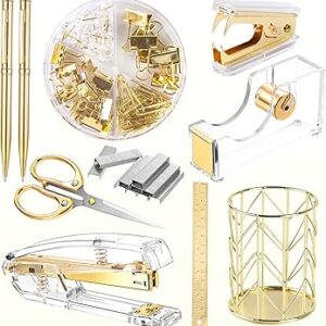 11 Pack Office Supplies Set Desk Stationery Accessories Kit of Stapler, Staple Remover, Tape Dispenser, Binder Clips,Gold Pens, Paper Clips and Scissor with 2000pcs Staples(Gold)