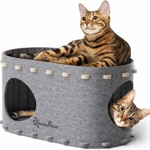 DownyPaws Cat Cave Beds for Indoor Cats, Pet Cat House for Multiple & Large Cats Up to 22 Lbs, Scratch Resistant Peekaboo Cat Caves, Foldable Cat Hideaway Enclosed Bed, PeekaPurr, Light Gray