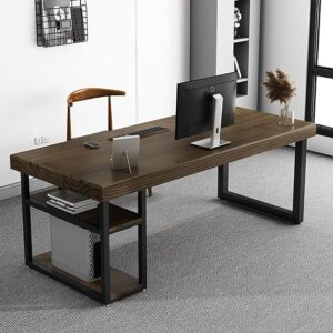 Modern Computer Desk with Storage Shelves & CPU Stand - Gray Brown Solid Wood Writing Workstation for Home Office Furniture - 39 Inch