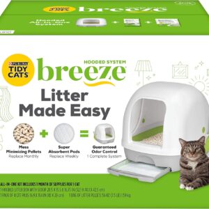 Purina Tidy Cats Hooded Litter Box System, BREEZE Hooded System Starter Kit Litter Box, Litter Pellets & Pads White