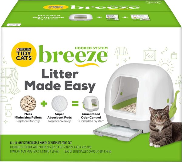 Purina Tidy Cats Hooded Litter Box System, BREEZE Hooded System Starter Kit Litter Box, Litter Pellets & Pads White