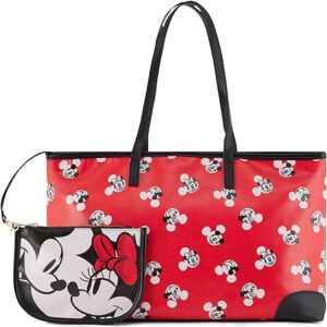 Disney Mickey and Minnie Tote bag - Girls, Boys, Teens, Adults - Mickey and Minnie Mouse Faux PU Leather Cosplay Tote Handbag with Zipper Pouch, Red, One Size