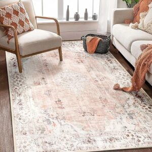 MUJOO Boho Rug 4'x6.5' Area Rugs for Bedroom Living Room Dining Room Pink Small Rugs Machine Washable Non Slip Carpet for Office Dorm Bedside Kitchen Laundry Room Floral