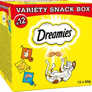 Dreamies Variety Snack Box , 60 g Pouches, Cat Treats Tasty Snacks with Delicious Chicken, Salmon and Cheese Flavours, (12x60g))