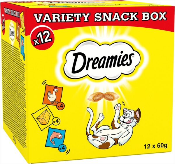 Dreamies Variety Snack Box , 60 g Pouches, Cat Treats Tasty Snacks with Delicious Chicken, Salmon and Cheese Flavours, (12x60g))