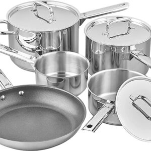 Tala Performance 5 Piece Stainless Steel Cookware Set, Saucepans with Stainless Steel lids, 16, 18cm deep and 20cm deep with Helper Handle, Milk pan, Non-Stick Fry Pan, Polished Mirror Shine Finish